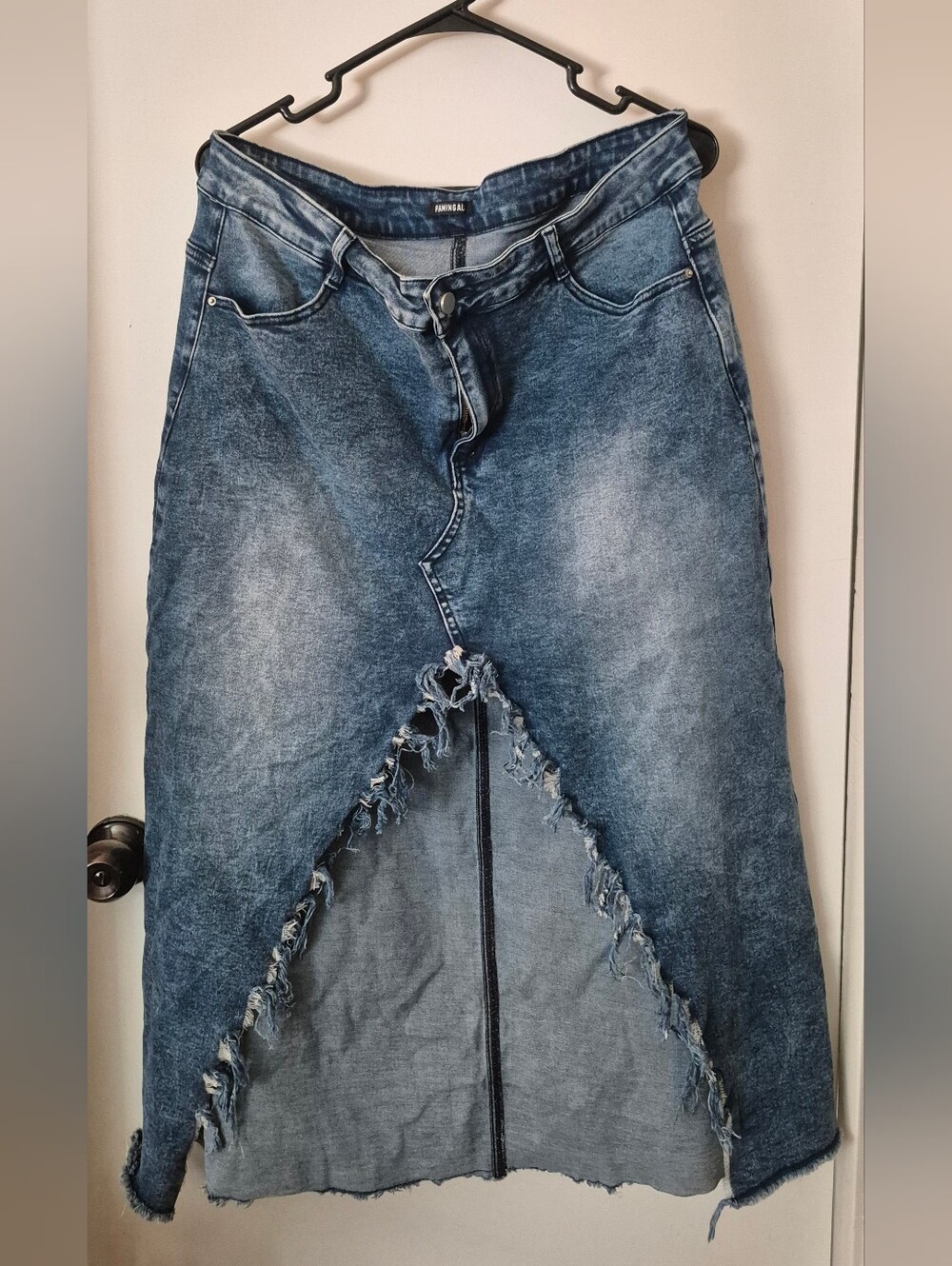 Raw Hem Split Asymmetrical Wash High Waist Midi Denim Skirt